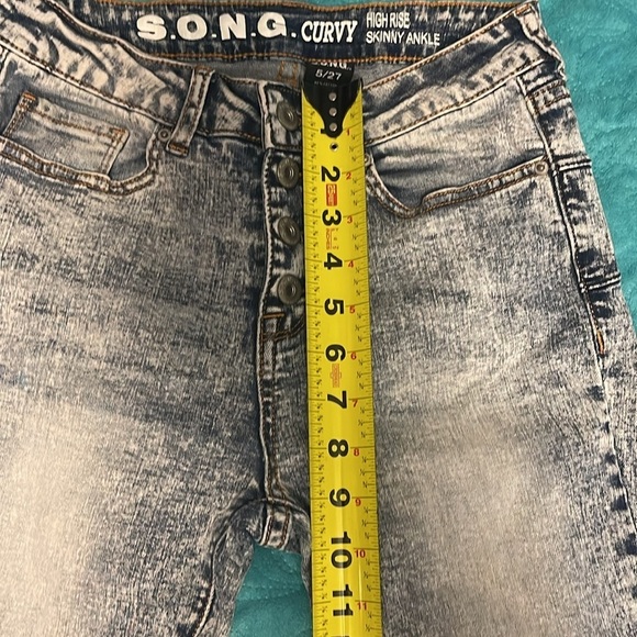 High Rise Button‎ Fly S.O.N.G Curvy Shark Bite Skinny Jeans women’s Sz 27 Blue - Picture 10 of 15